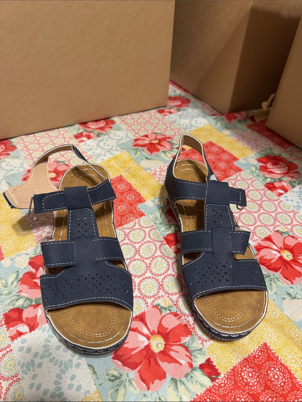 Navy Strappy Casual Sandals with Velcro Ankle